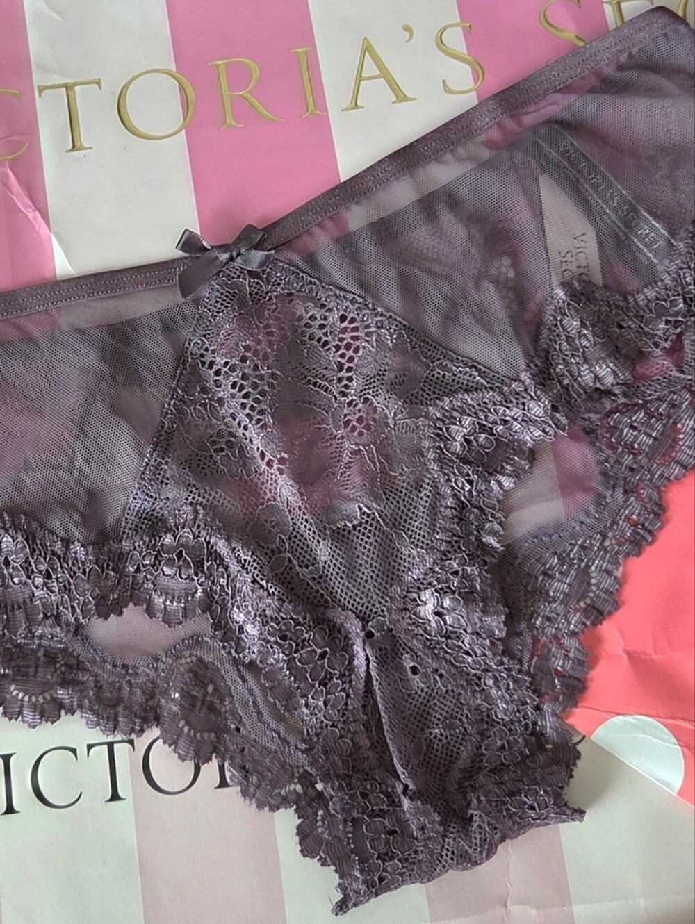 Victoria's Secret VTG Cheeky Panty NWT Sheer Mesh Lace Crisscross Purple - Picture 6 of 13